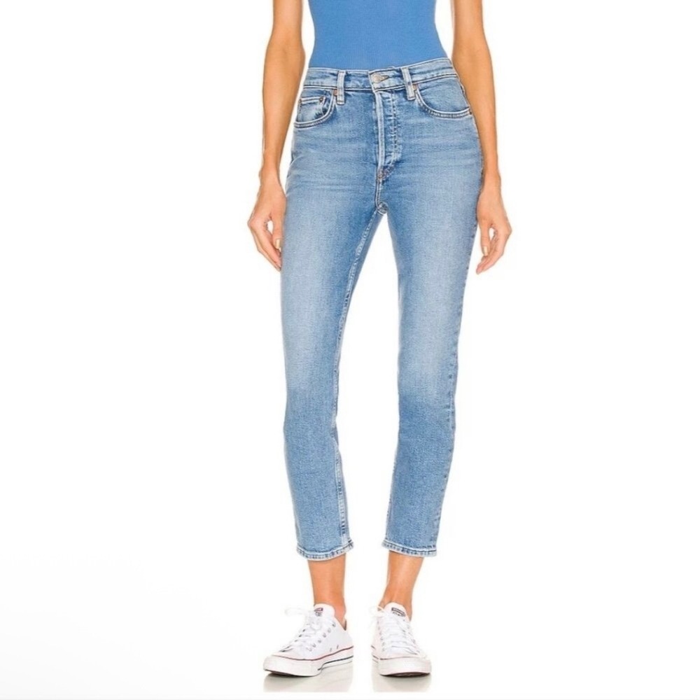 RE/DONE High Rise Ankle Crop Jeans Blue Stone Button Fly 190-3WHRAC Size 24